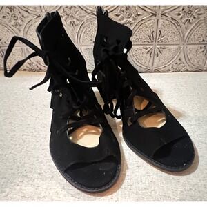 Vince Camuto Black Suede Lace Up Block Heel Sandals Peep Toe Booties Size 8M